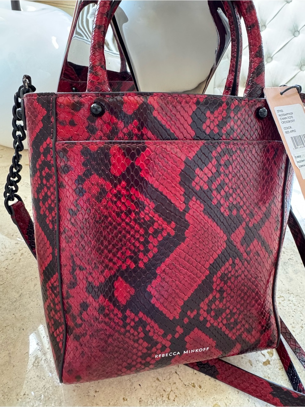 NWT Rebecca Minkoff Red and Black Snake-Print Mini Tote Crossbody Bag